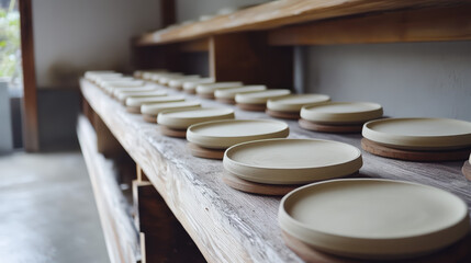A row of minimalist, handcrafted plates on a rustic wooden shelf in a serene workshop setting, showcasing artisanal craftsmanship.