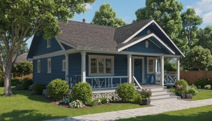 Obraz premium Blue Suburban House with Porch and Lush Landscaping