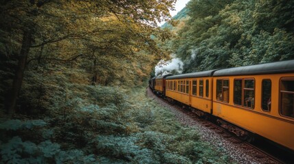 Fototapeta premium Yellow Train Passing Through Dense Forest