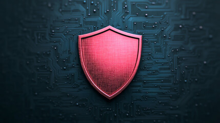 A bold red shield symbolizing security, set against a sleek blue circuit board background, representing modern technology and protection.