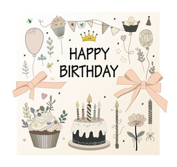 Happy birthday greeting cards with balloons, cake and gifts. Template for postcard, poster, flyer in vintage style for adults. Vector birthday party illustration for greeting card.