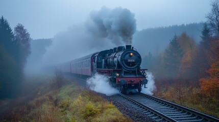 Obraz premium Steam Locomotive Train Traveling Through Foggy Forest