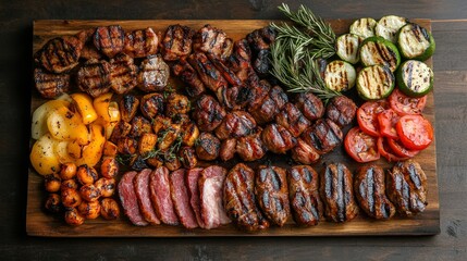 Grilled Meat and Vegetable Platter on Wooden Board