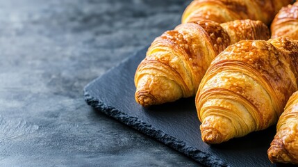 Close up of freshly baked croissants displayed on a dark slate serving board emphasizing a delightful bakery and breakfast theme