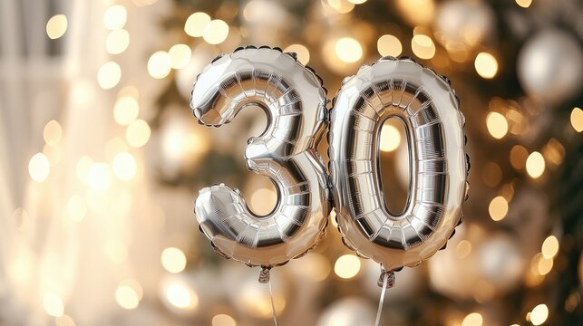 Silver number 30 foil balloon displayed against a softly blurred backdrop of lights