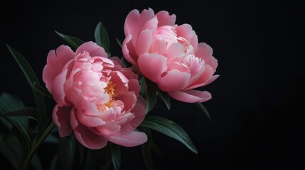 Pink peonies against a dark backdrop in a moody baroque floral style