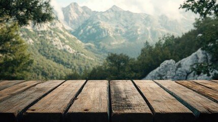 Fototapeta premium Wooden tabletop set against a natural backdrop