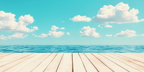 Fototapeta premium Summer Ocean Background with Wooden Deck Blue Sky White Clouds and Turquoise Water
