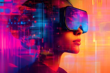 A Woman's Face Overlaid with Abstract Geometric Shapes in Vibrant Neon Colors