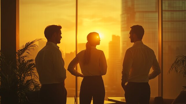 Three people are standing in front of a window, looking out at the city skyline. The sun is setting, casting a warm glow over the scene. Scene is peaceful and contemplative