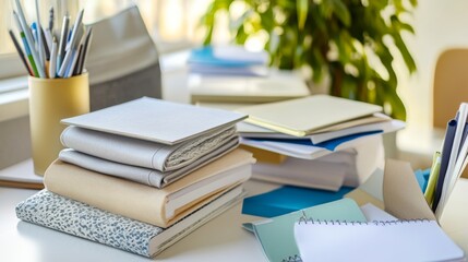 A busy workspace featuring stacks of paper, notebooks, and stationery, ideal for concepts of organization, creativity, and productivity.