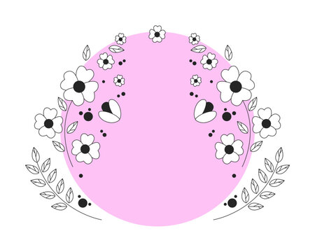 Round pink shape surrounded by spring flowers leaves branches cartoon flat illustration. Circular backdrop floral blossom botanical 2D frame isolated on white background. Vector colorful image