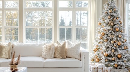 Stylish white Christmas tree adorned with gold and bronze ornaments in a warm living room featuring a plush white sofa with decorative pillows and ample natural light from large windows