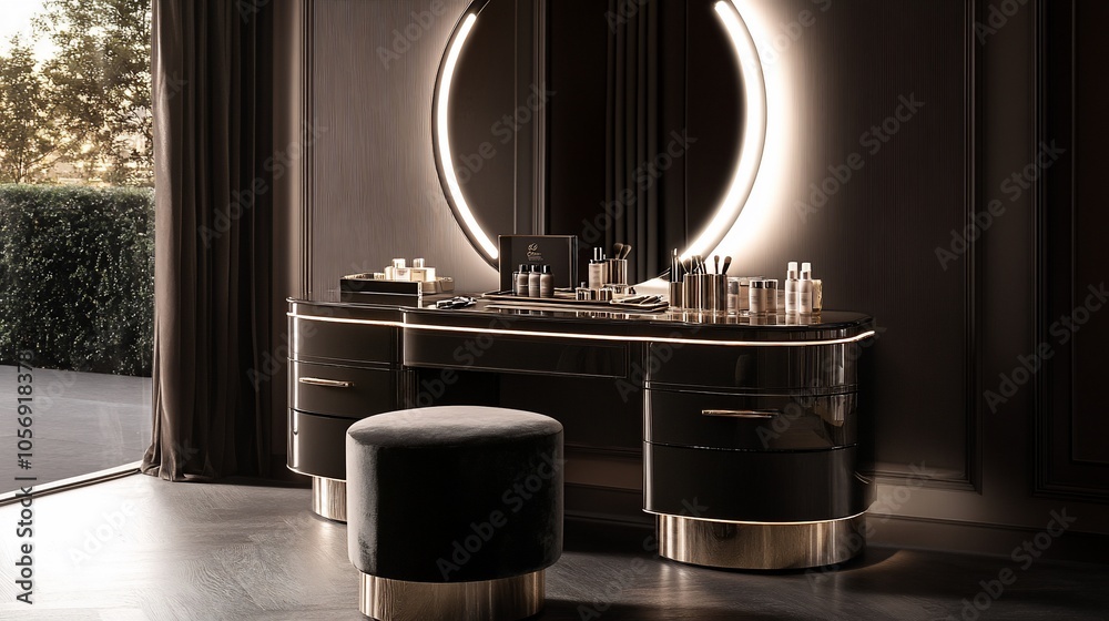Poster a black vanity with a gold trim and a round mirror with lights above it, the vanity has several draw