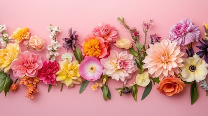 Obraz premium Colorful Floral Arrangement Featuring Various Blooms on a Soft Pink Backdrop
