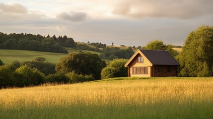 Wooden cottage in a field exploring options for nature retreats real estate ideas renting a home for holidays ample space for text