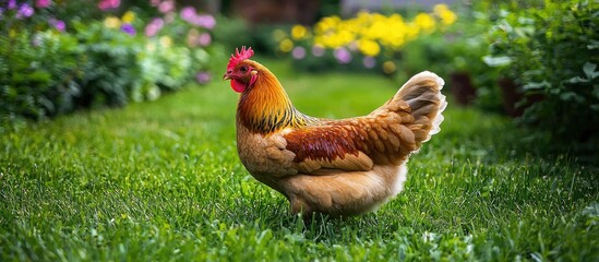 Fototapeta premium Chickens In A Garden On A Background Of Green Grass