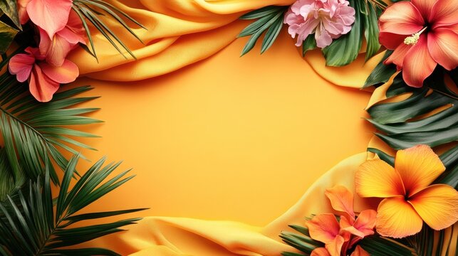 Vibrant tropical flowers and fabric drapery on an orange backdrop ideal for a festive greeting card or banner with space for customization