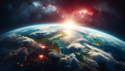 Fototapeta premium Earth from Space with Sunrise and Atmospheric Glow