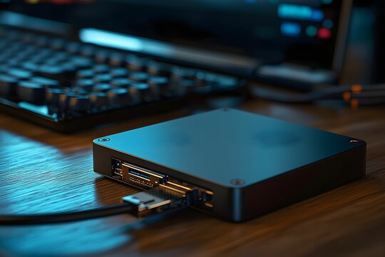 External storage device connected to a computer on a wooden desk