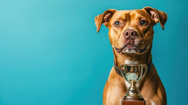 Canine Champion Dog with Trophy Against a Blue Backdrop