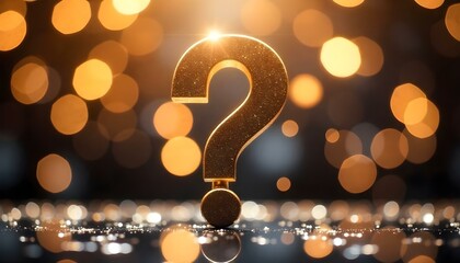 A large golden question mark against a blurred background of glowing lights , suggesting a sense of mystery or uncertainty with copy space