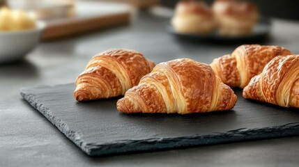 Close up of freshly baked croissants displayed on a dark slate serving board emphasizing a delightful bakery and breakfast theme