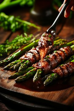 Deliciously wrapped asparagus drizzled with savory sauce on a rustic wooden table