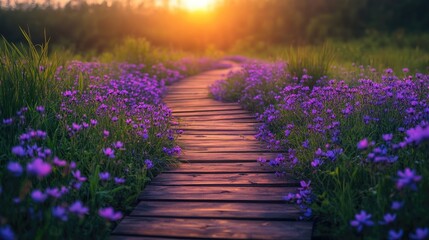 Naklejka premium Wooden path winding through a meadow at sunset adorned with purple flowers creating a tranquil spring atmosphere