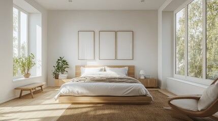 Modern bedroom abundant in natural light showcasing minimalist design and stylish comfort