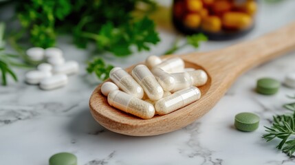 Health benefits of vitamin K supplements White capsules of vitamin K phylloquinone in a wooden spoon with a bottle of tablets and green herbs in the background