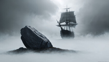 Obraz premium Mysterious ship sailing through foggy, eerie landscape scene