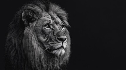 Monochrome studio portrait of a majestic and powerful lion