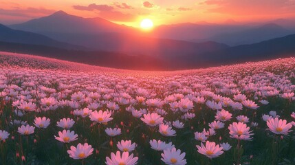 Obraz premium Field of white daisies in the foreground with mountains in the background under a pink sunset
