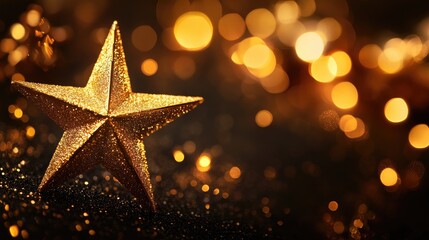 Golden star decoration on a blurred dark background The shining five pointed star creates a festive atmosphere perfect for a Christmas and New Year card or banner with space for text