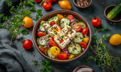 Colorful Mediterranean salad with fresh vegetables and feta cheese served in a bowl on a dark countertop