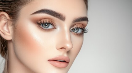 Fototapeta premium A close-up portrait of a young woman showcasing flawless makeup and striking features with highlighted skin and stylish brows.