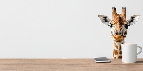 Funny Giraffe Peeking Over Desk with Phone and Coffee Mug