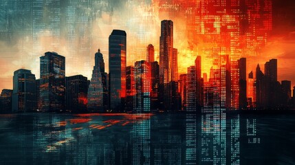 Cityscape with Abstract Digital Overlay and Water Reflection