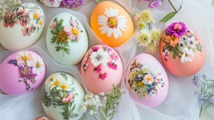 Fototapeta premium Colorful Easter eggs adorned with flowers against a white tulle backdrop showcasing a decoupage technique