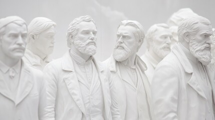 Naklejka premium A collection of intricate white sculptures depicting historical figures with distinct facial features and expressions.