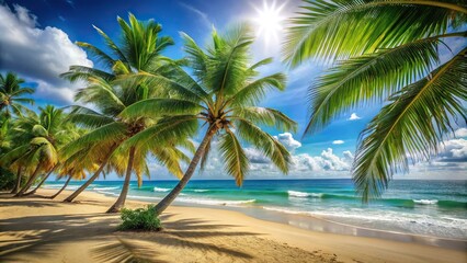 Obraz premium Tropical beach scene with palm trees swaying in the ocean breeze on a hot summer afternoon, beach chairs, seagulls