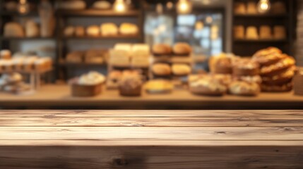 Defocused image of a baking shop featuring a wooden frame suitable for text or promotional use