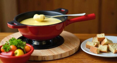 A gourmet cheese fondue with bread cubes and vegetables