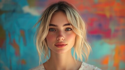 Fototapeta premium Portrait of a stunning young woman with blonde hair against a vibrant backdrop