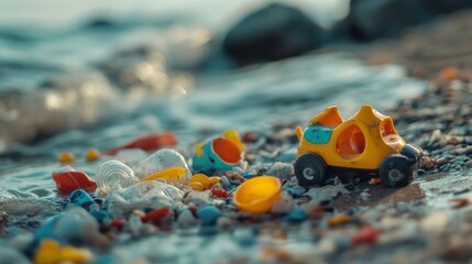 Obraz premium A Yellow Toy Car Abandoned on a Beach, Surrounded by Plastic Waste
