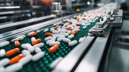 Belt conveyor system producing pharmaceutical capsule tablets Focus on the concept of medicine and drug manufacturing