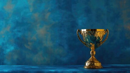 Gold trophy cup against a blue abstract background featuring ample copy space