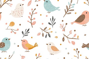Pattern of colorful birds in pastel shades with some loose branches.