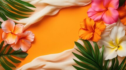 Vibrant tropical flowers and fabric drapery on an orange backdrop ideal for a festive greeting card or banner with space for customization
